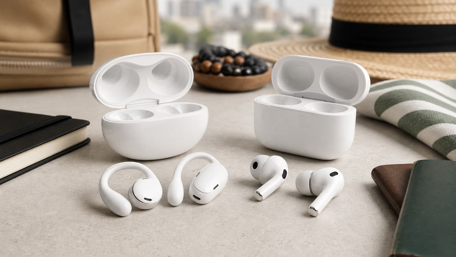 White wireless earbuds comparison scene without logos
