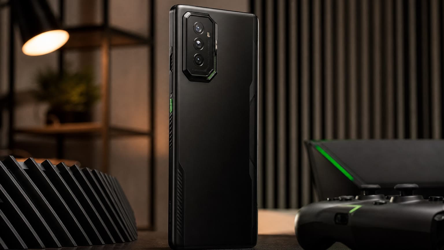 Unbranded gaming smartphone on a desk with controller and cooling hardware