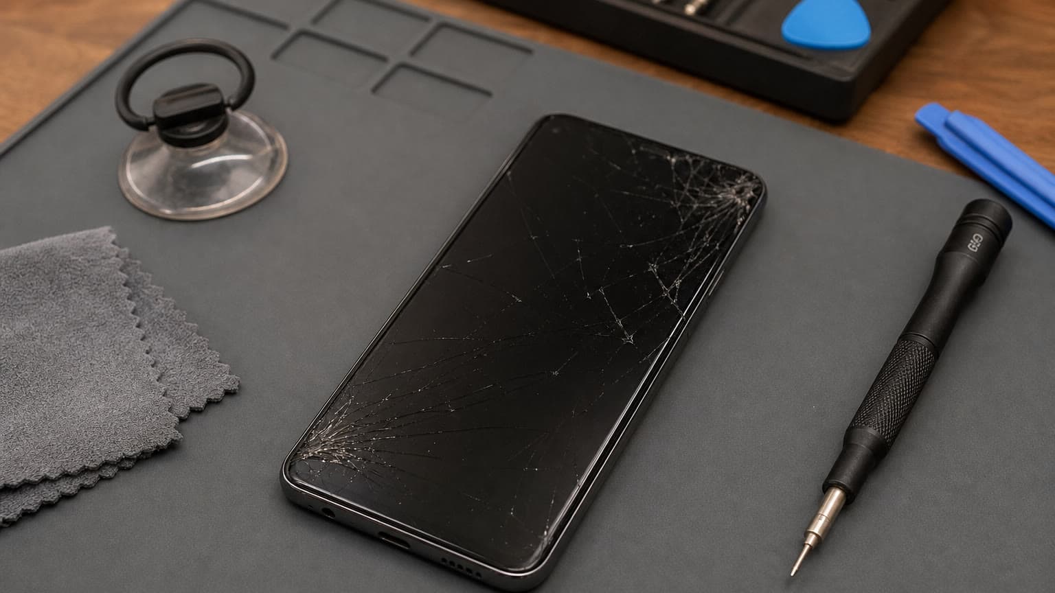 Cracked Samsung-style smartphone on a repair bench with precision tools