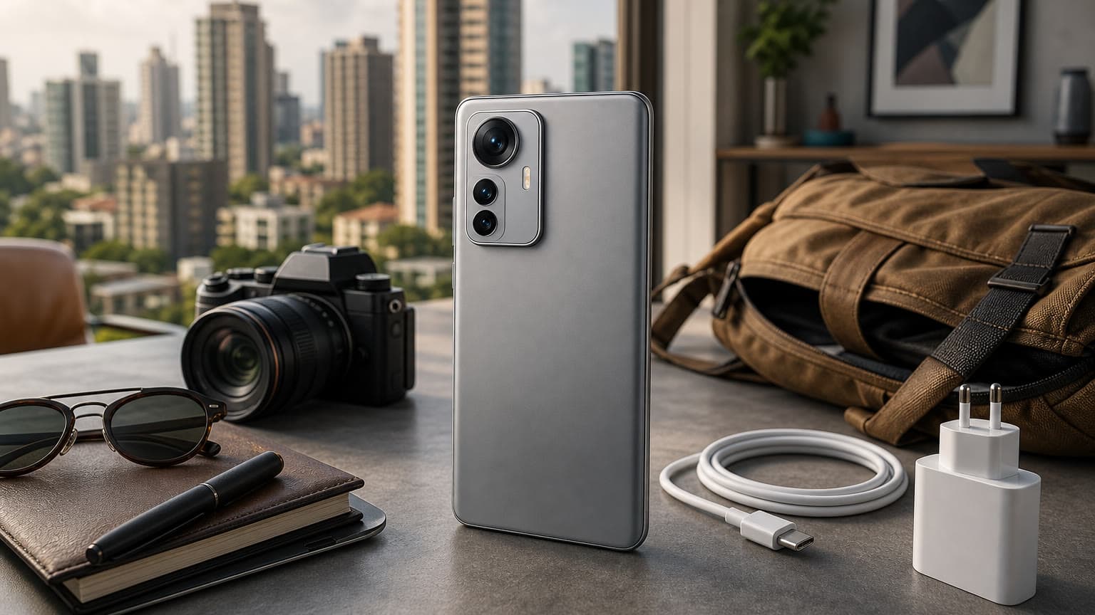 Generic premium smartphone on a desk with travel and charging accessories