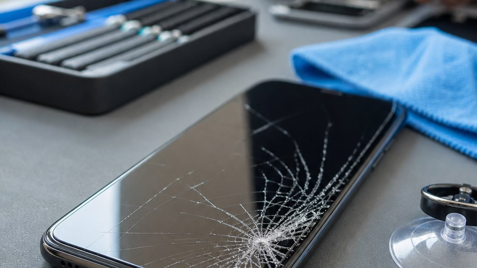 Cracked iPhone-style smartphone on a repair bench with tools
