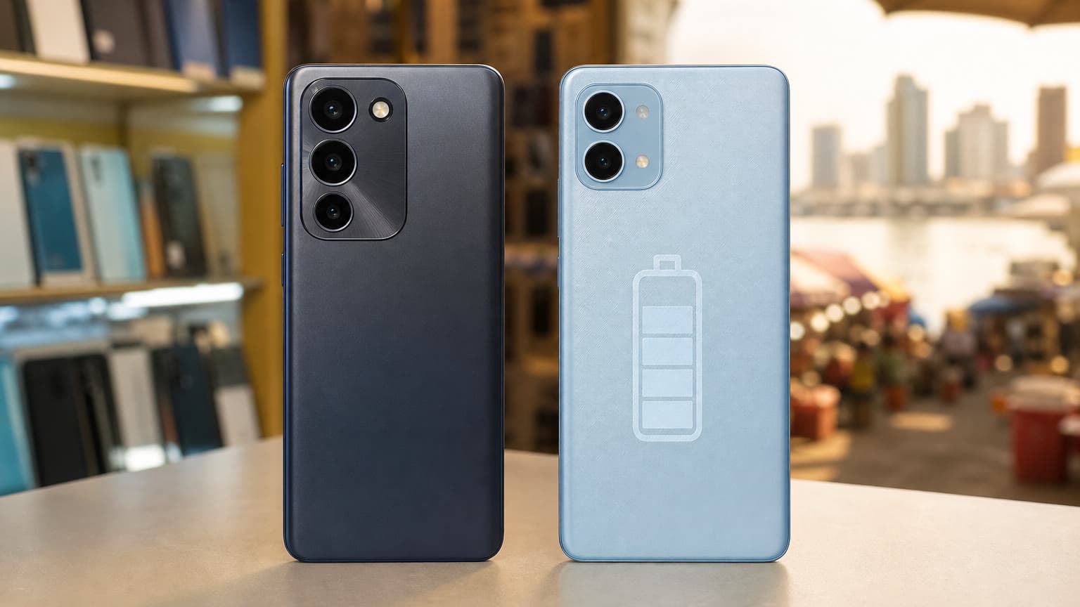 Two budget smartphones side by side on a retail counter for an Infinix comparison