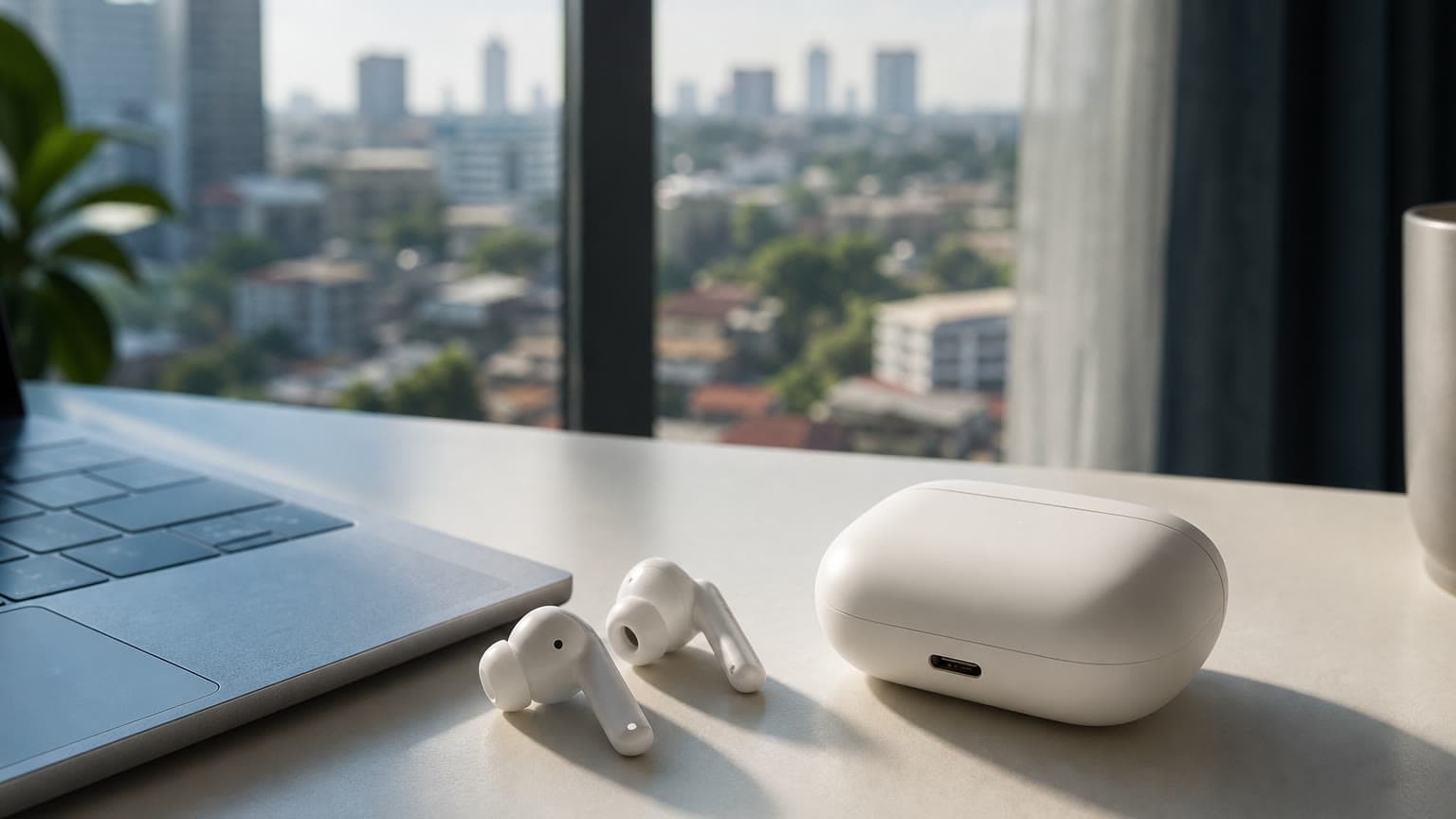 White USB-C true wireless earbuds and charging case on a desk