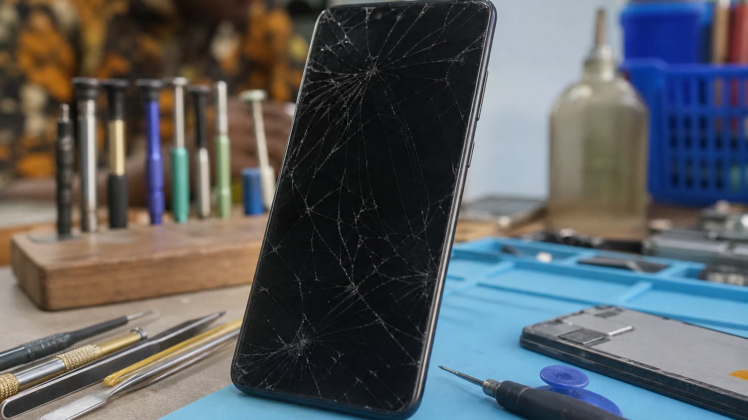 Technician preparing a Vivo-style smartphone screen repair on a clean workbench