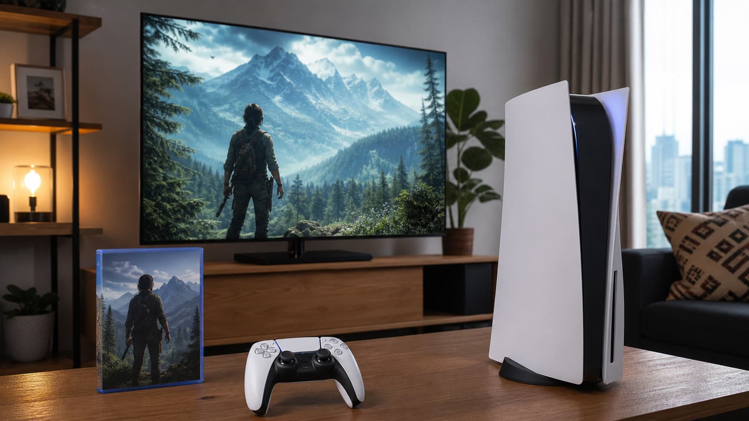 PS5 gaming setup with a physical game case and controller in a modern Nigerian living room