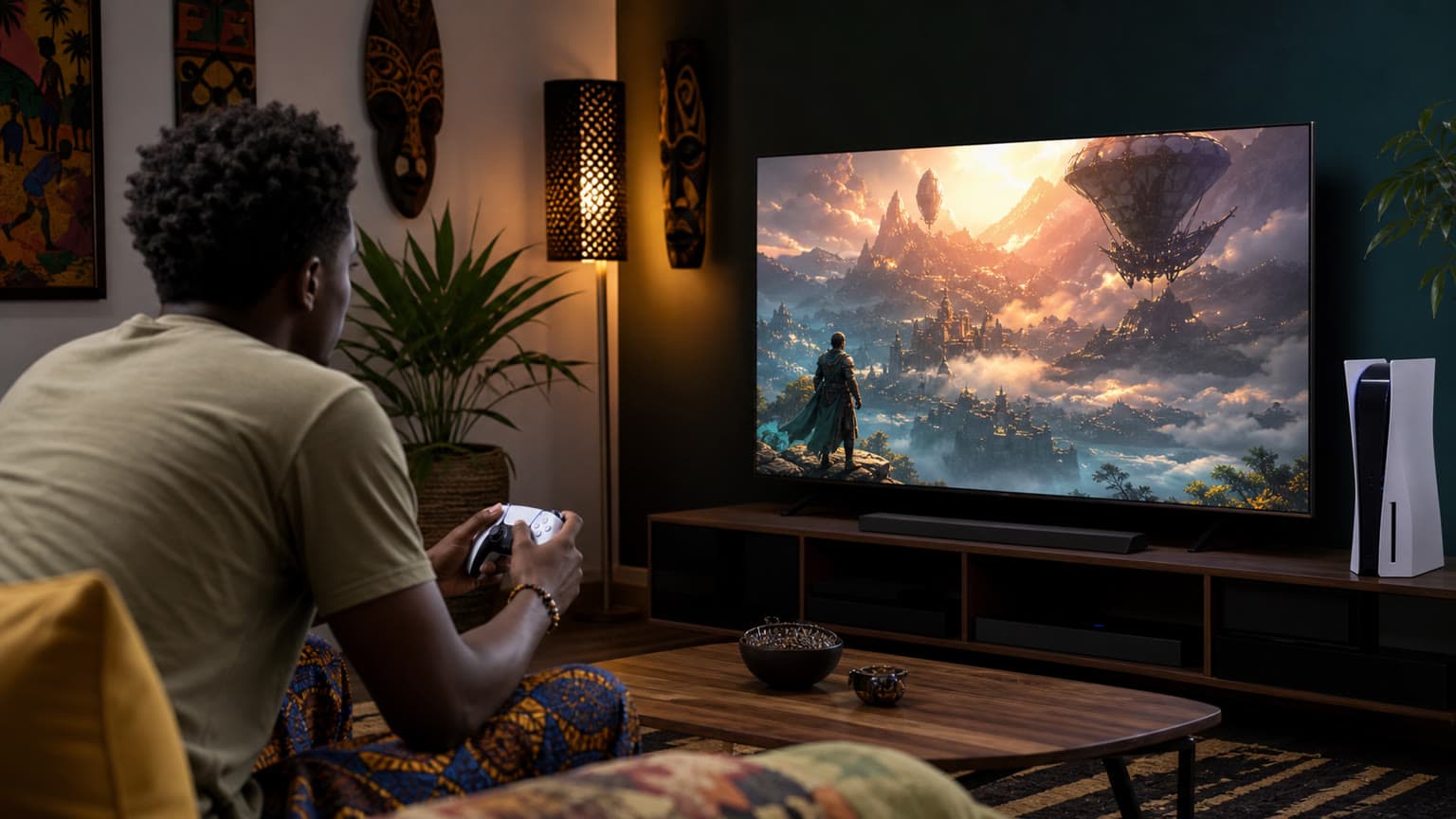 A Nigerian gamer playing a fantasy RPG on a modern console setup
