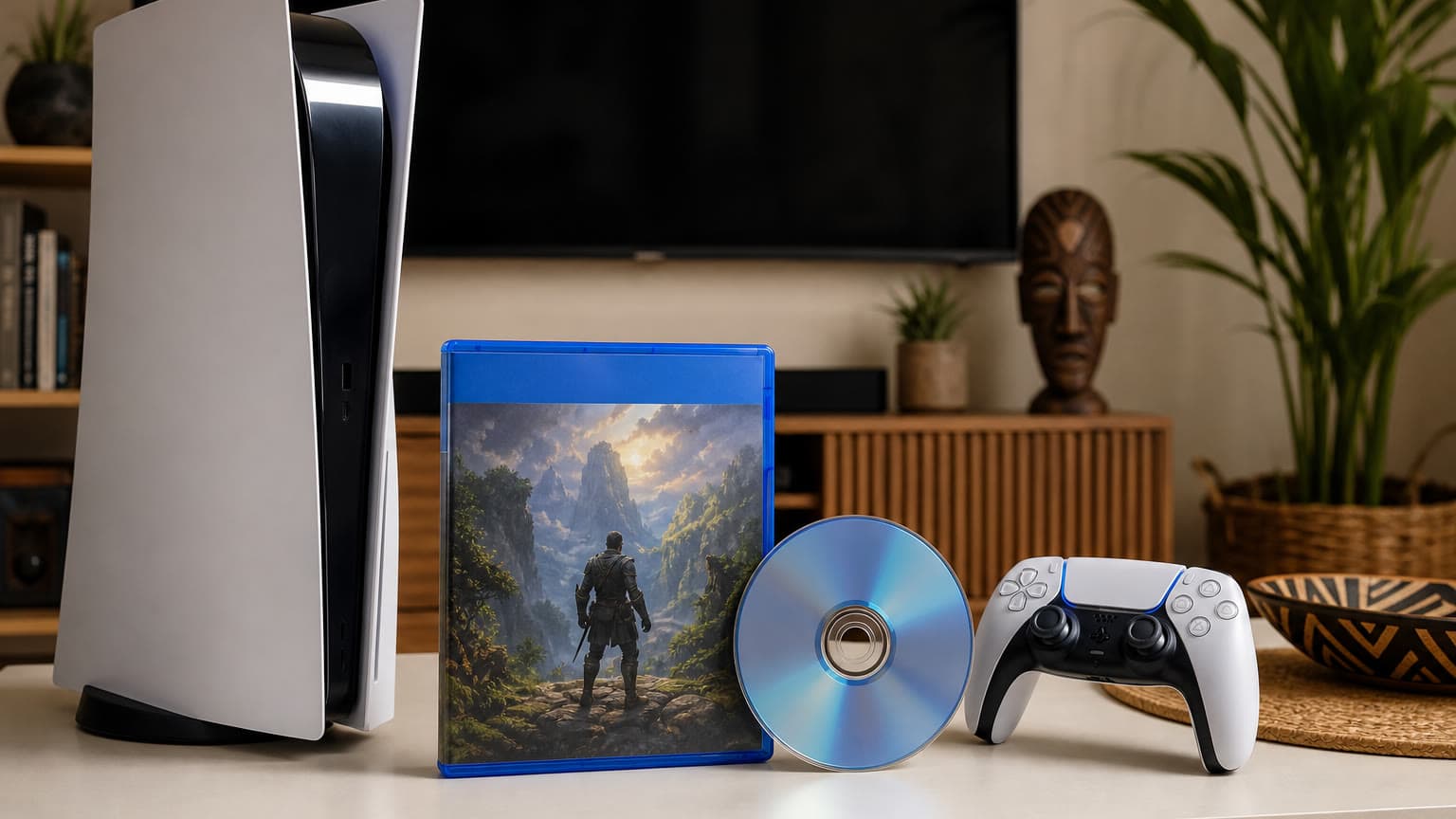 PlayStation 5 style console setup with a physical game case, disc and controller for a gaming buying guide