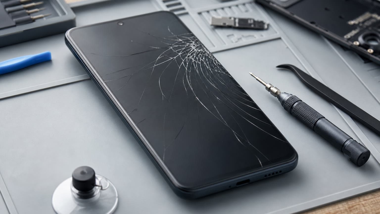 Cracked unbranded Android phone on a repair bench with tools