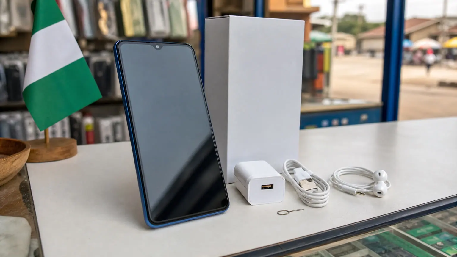 Tecno Pop 20 budget smartphone buyer guide scene with phone, charger and accessories