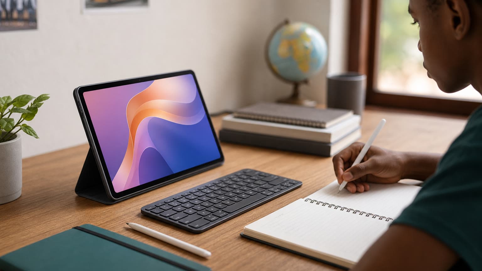 Redmi Pad 2 4G style tablet on a student desk with keyboard and notebook