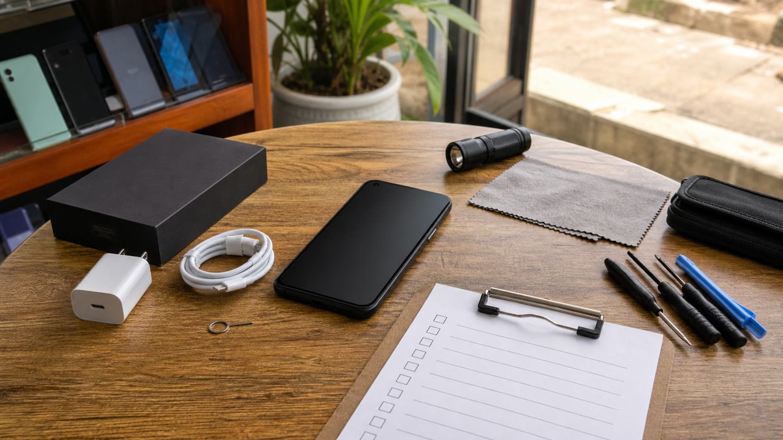 Google Pixel 4a used phone buying scene with compact smartphone, charger and inspection tools on a clean desk