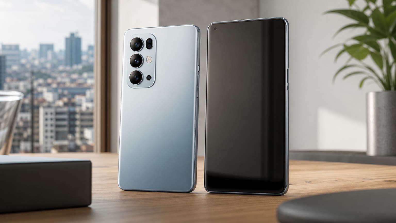 Two premium unbranded Reno-style smartphones on a desk in soft city daylight