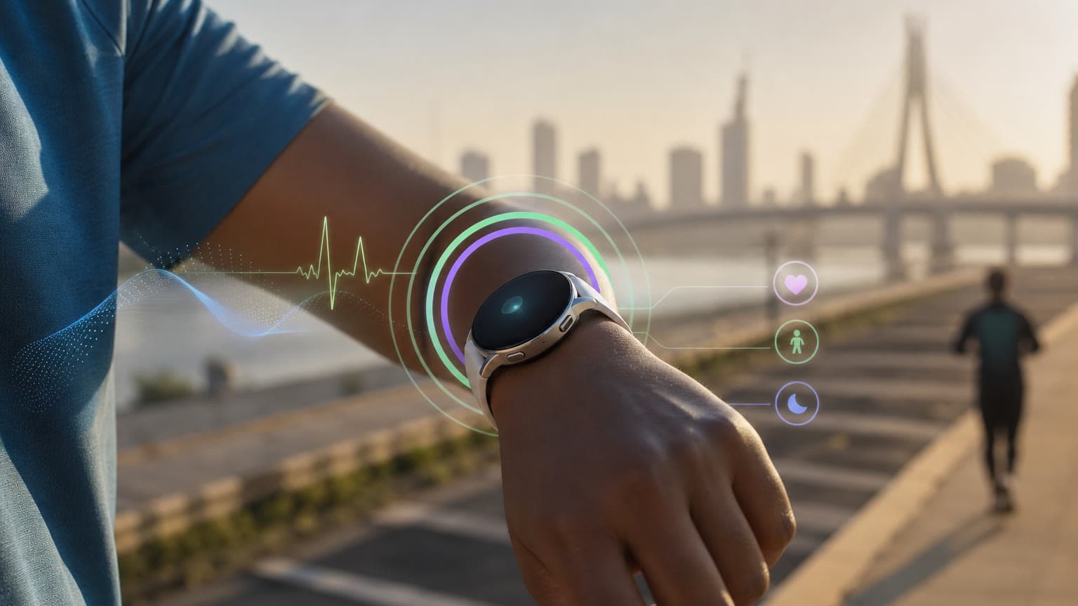 Samsung-style smartwatch showing health insights during an outdoor workout