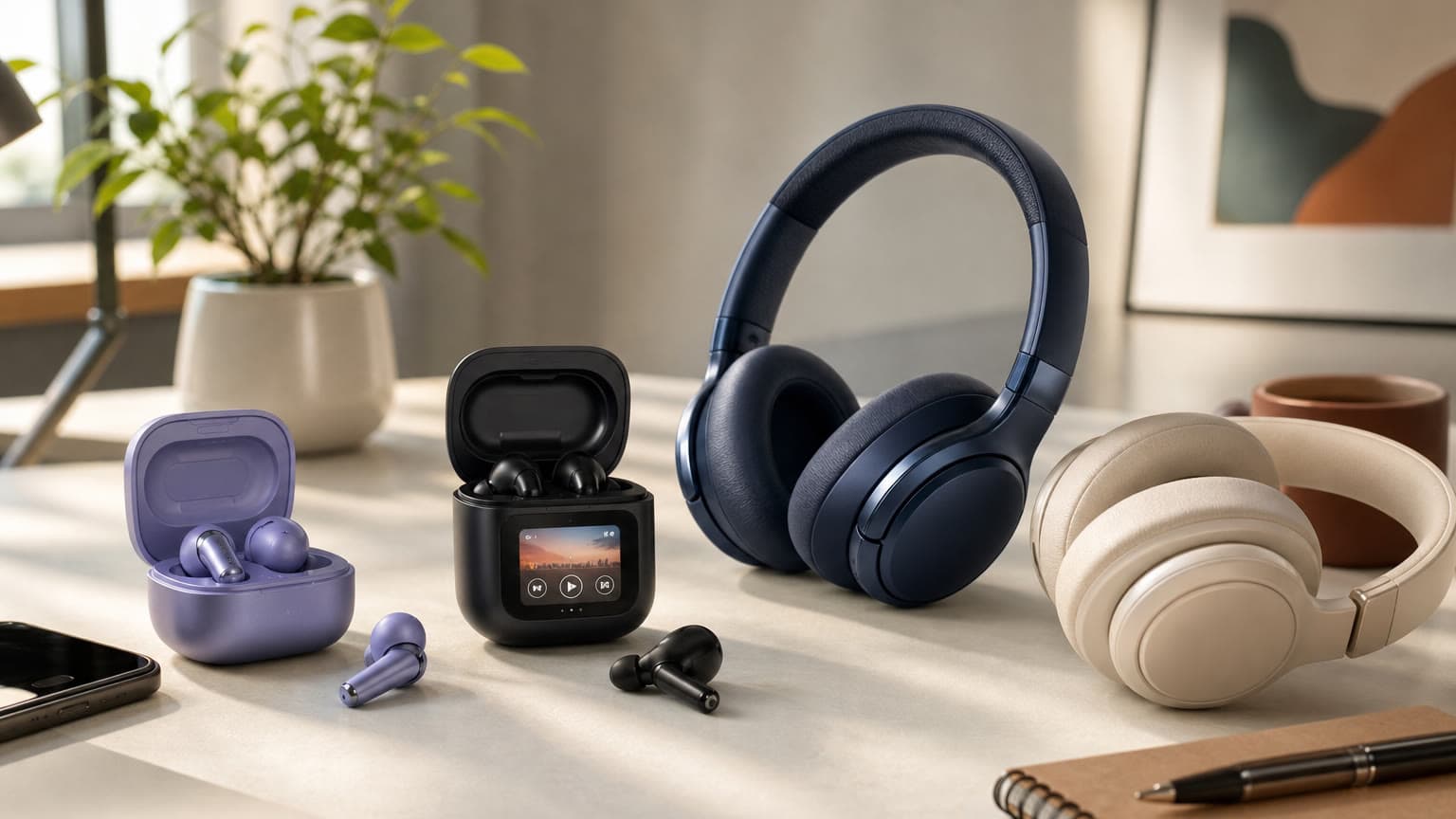 Colorful wireless earbuds and over-ear headphones on a clean desk