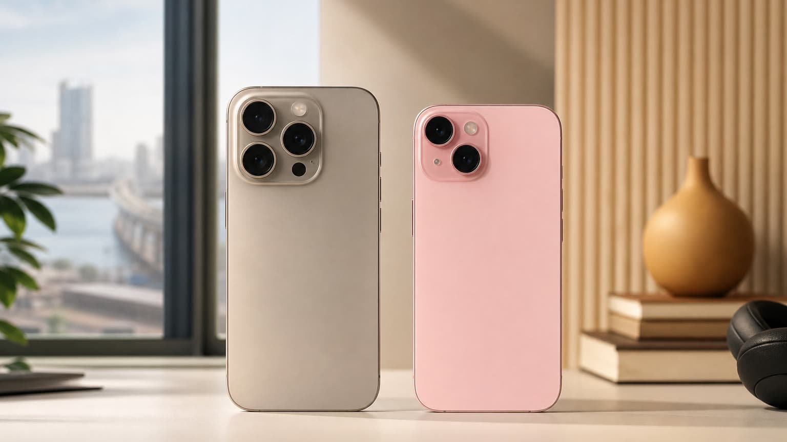 Two compact premium smartphones side by side for an iPhone 15 Pro versus iPhone 16 comparison
