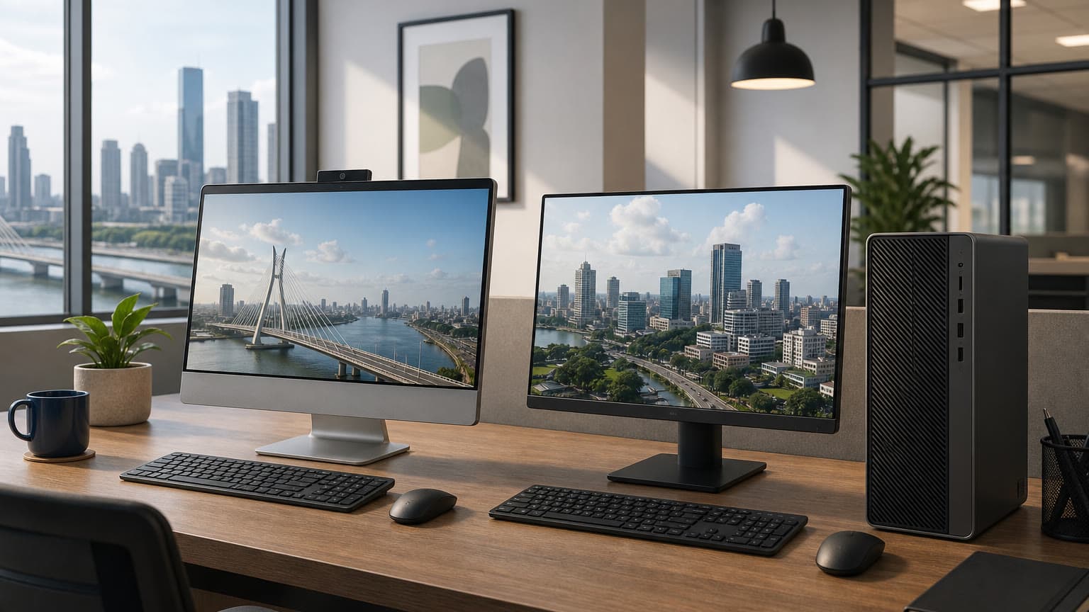 Two HP-style desktop office setups compared on a modern desk