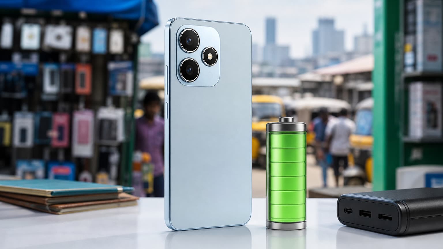 Budget 5G smartphone with large battery concept on a Nigerian retail counter