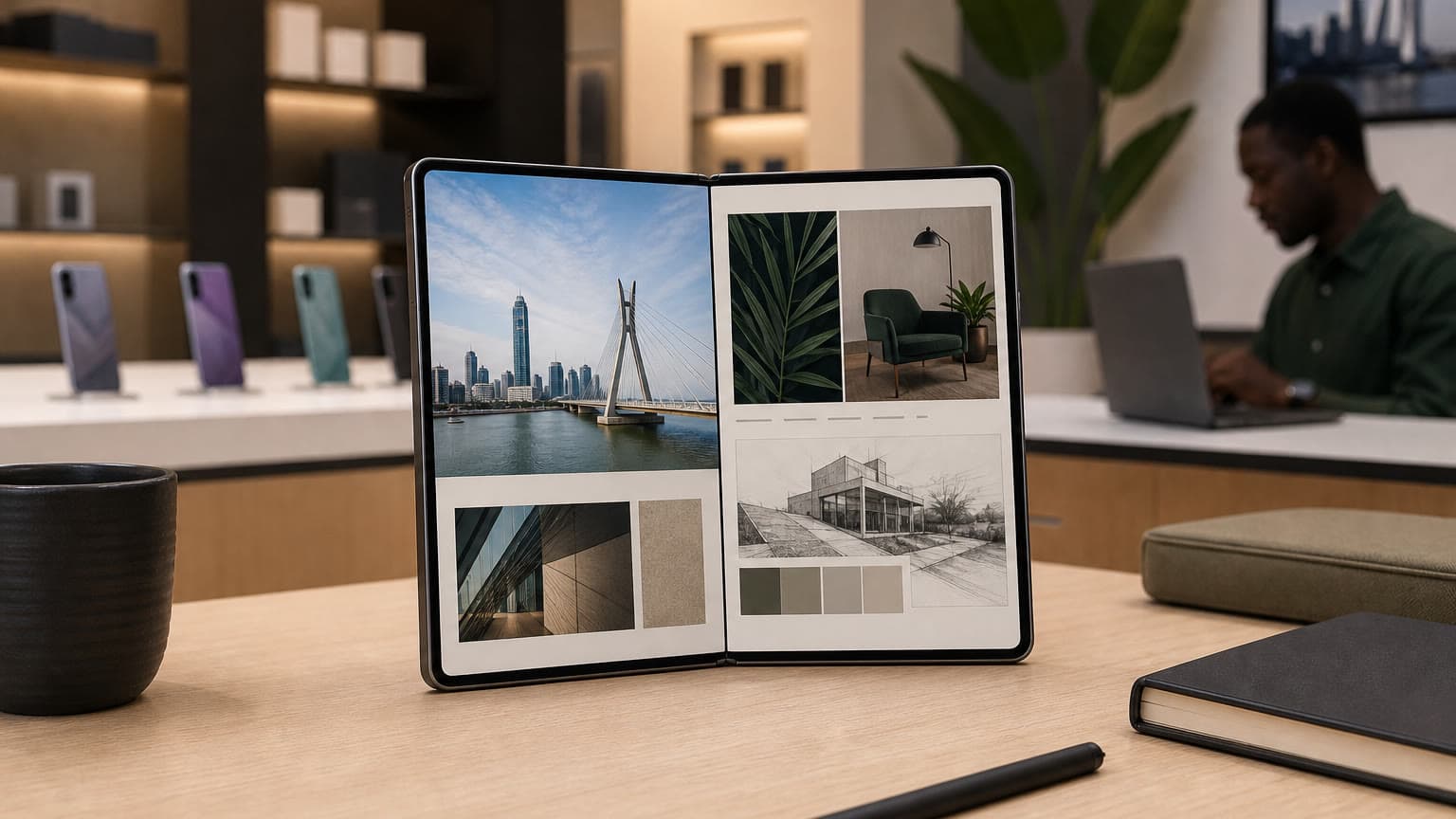 Foldable smartphone opened on a clean desk for Samsung Galaxy Z Fold 6 review context