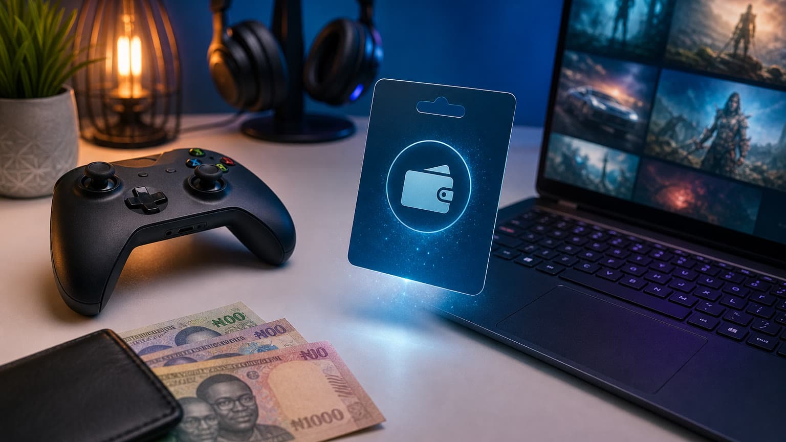 Gaming desk setup with a digital wallet card concept for Steam gift card buying in Nigeria