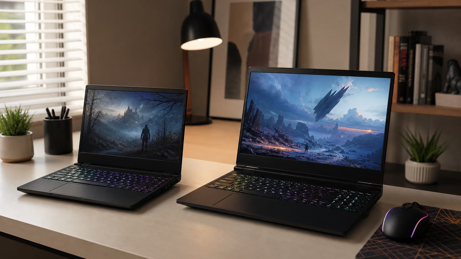 Two black gaming laptops on a desk for an HP OMEN comparison