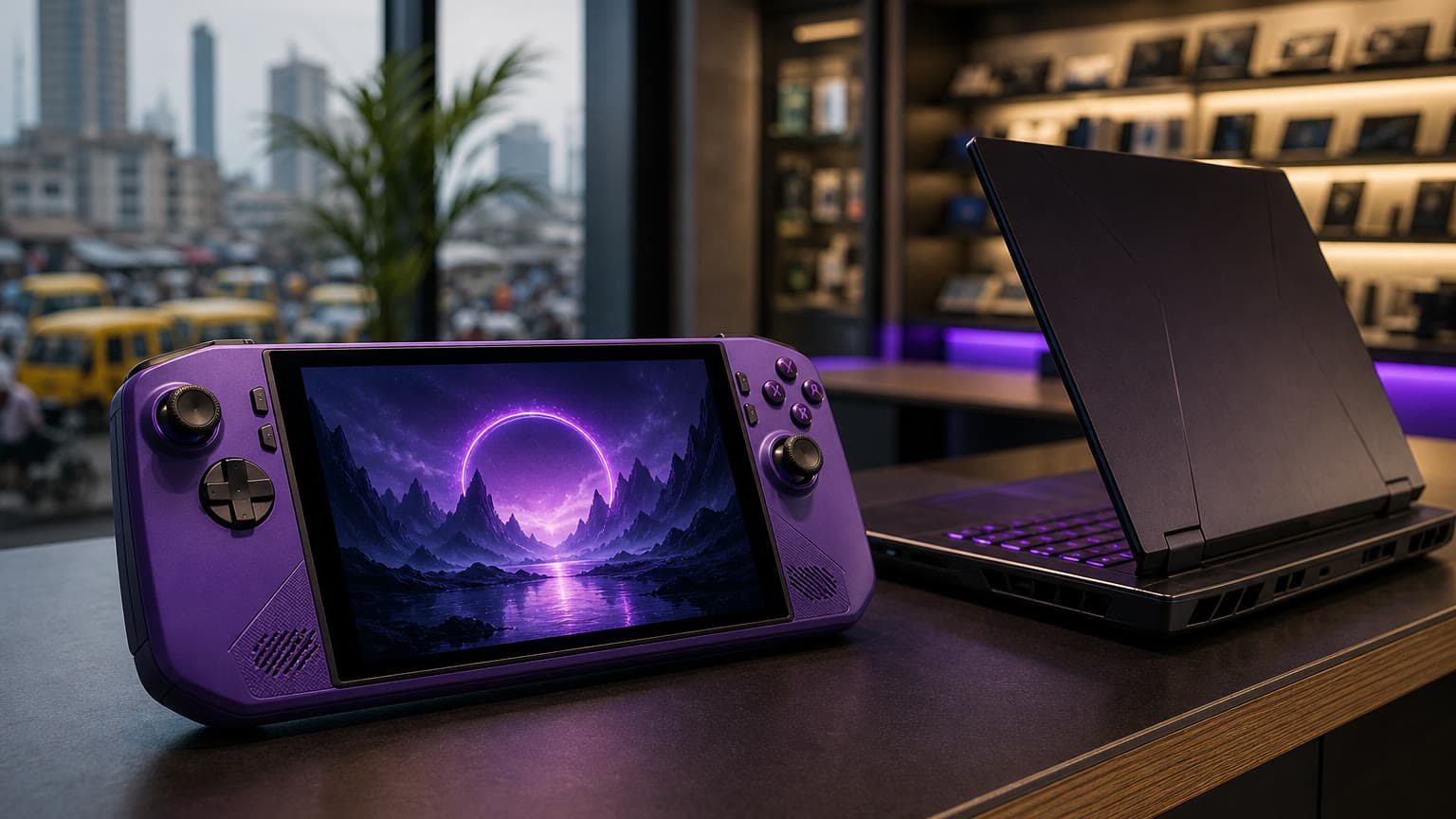Generic purple handheld gaming PC beside a gaming laptop in a Nigerian tech retail setting