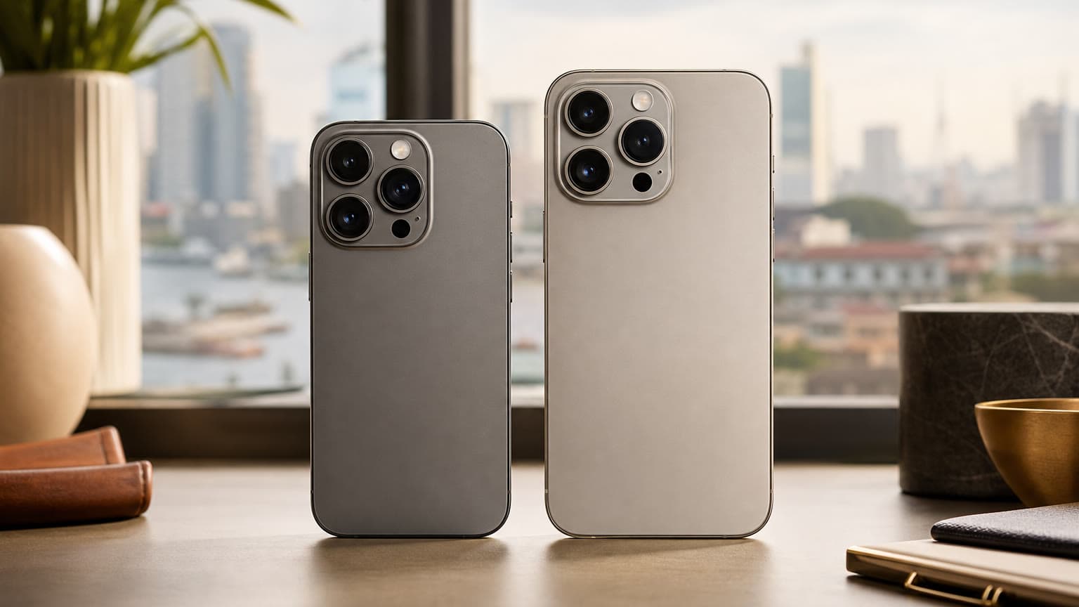 Two premium smartphones side by side for an iPhone 15 Pro versus iPhone 17 Pro comparison