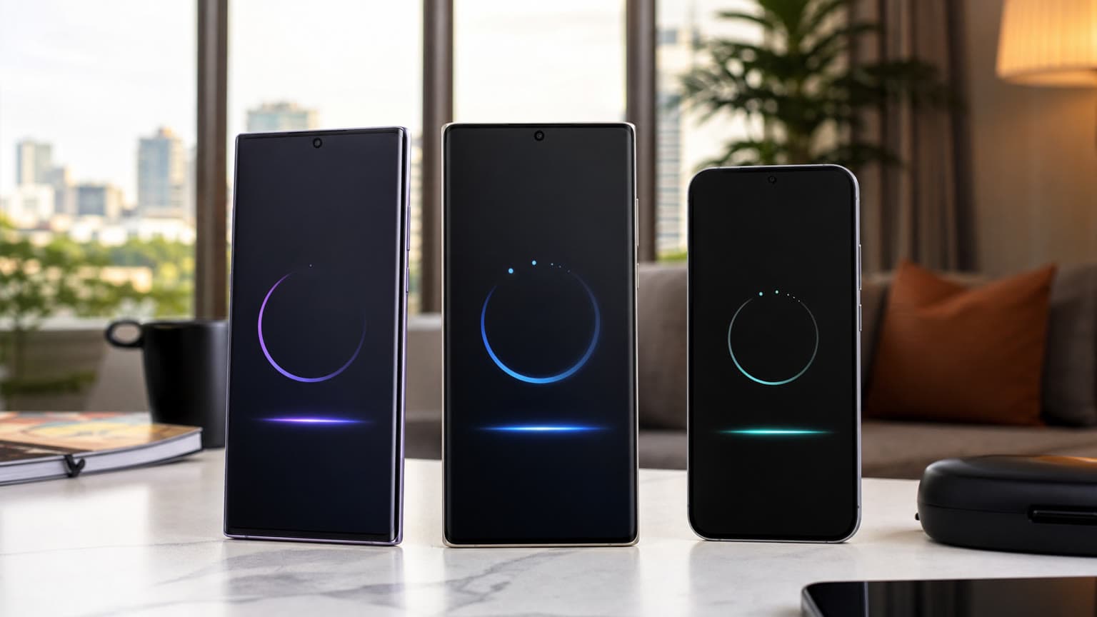 Three Galaxy-style smartphones showing abstract software update progress in a Nigerian apartment setting