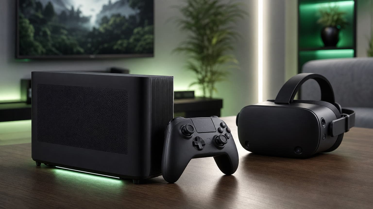 Compact PC gaming hardware, controller, and VR headset arranged in a modern living-room setup