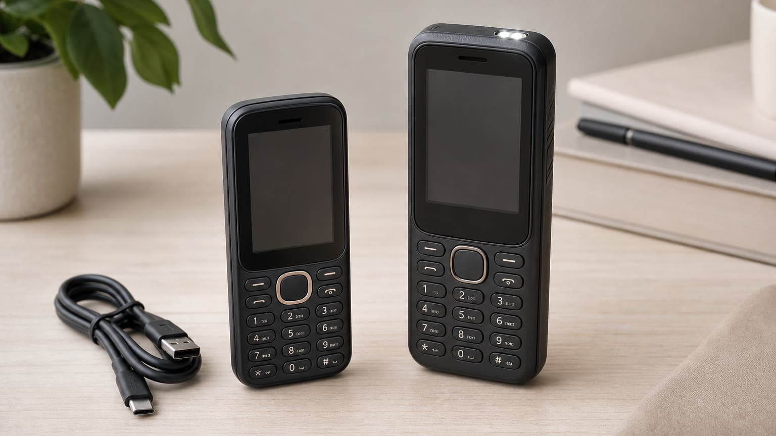Two basic Itel-style feature phones compared on a desk with a USB-C cable nearby