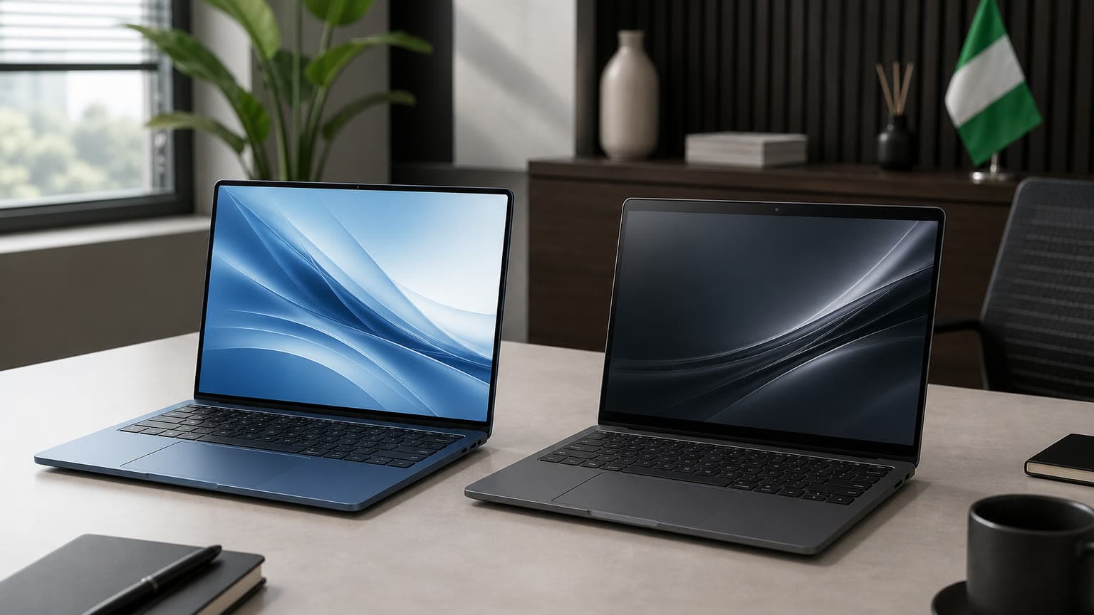 Two modern 14-inch Dell-style laptops on an office desk for a comparison guide