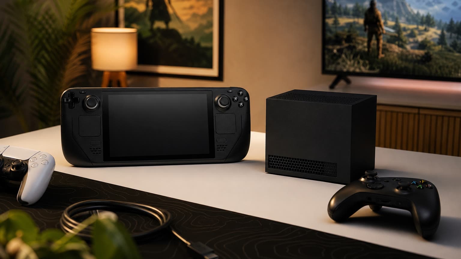 Handheld gaming PC beside a compact living-room gaming console setup