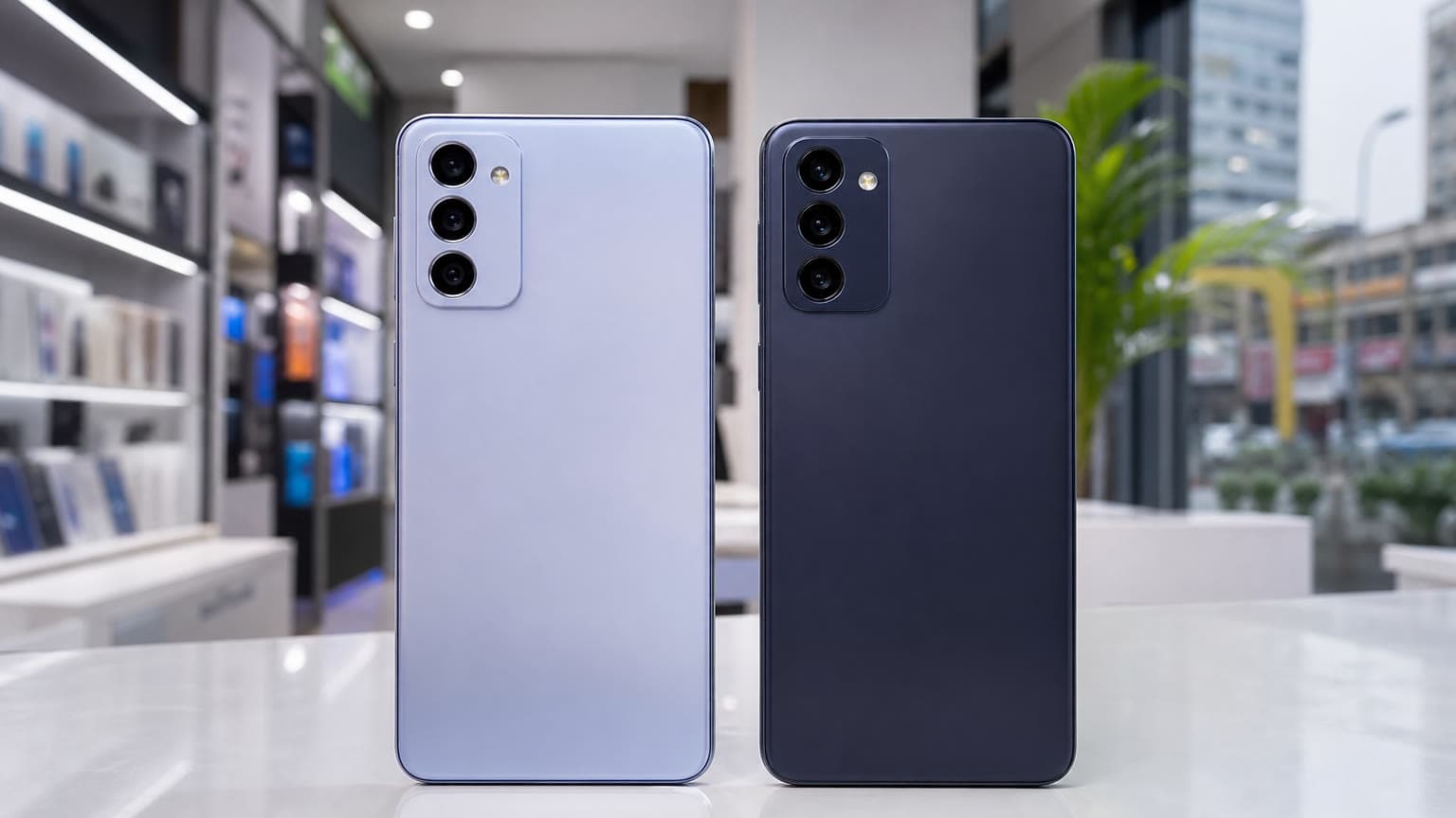 Two modern Samsung-style midrange smartphones side by side on a Nigerian retail counter