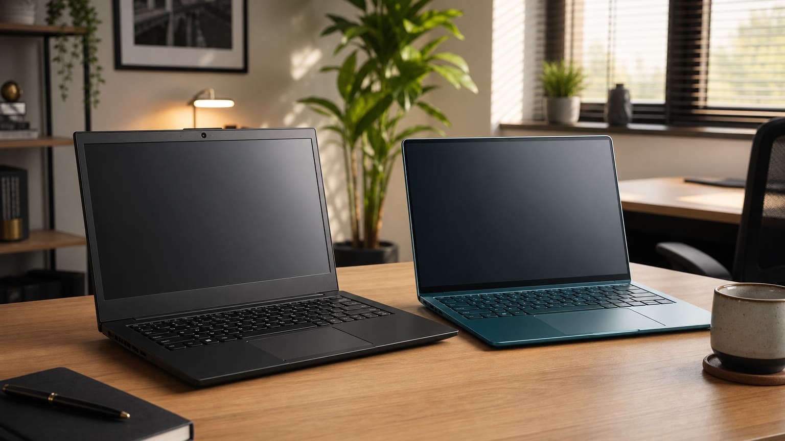 Two 14-inch Lenovo-style laptops on a clean desk for a ThinkPad T14 Gen 6 and Yoga Slim 7 comparison