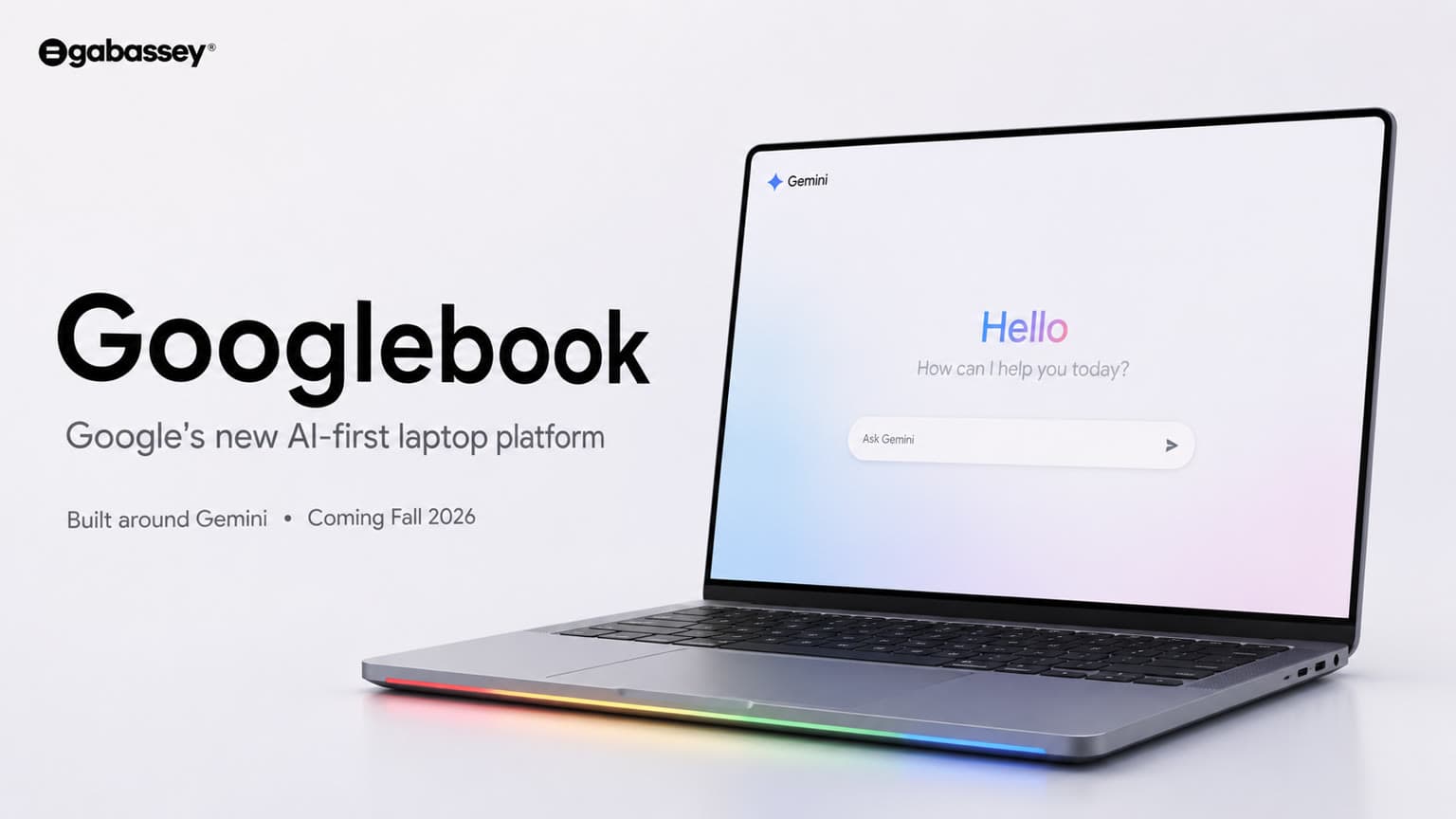 Minimal Googlebook laptop mockup with Gemini interface and Glowbar, showing Google’s AI-first laptop platform.