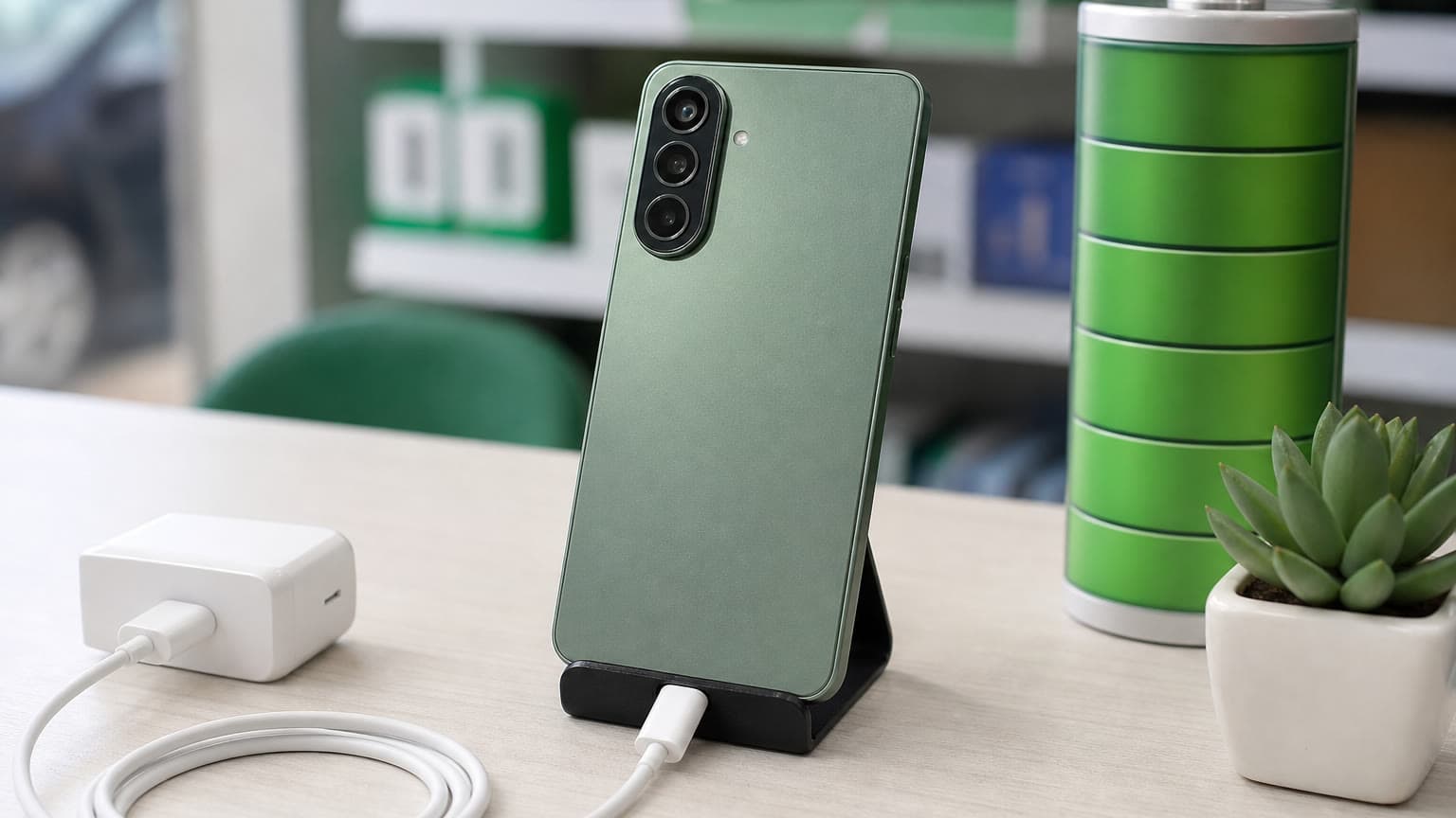 Itel Power 80 style smartphone with USB-C charging and battery-focused retail setup