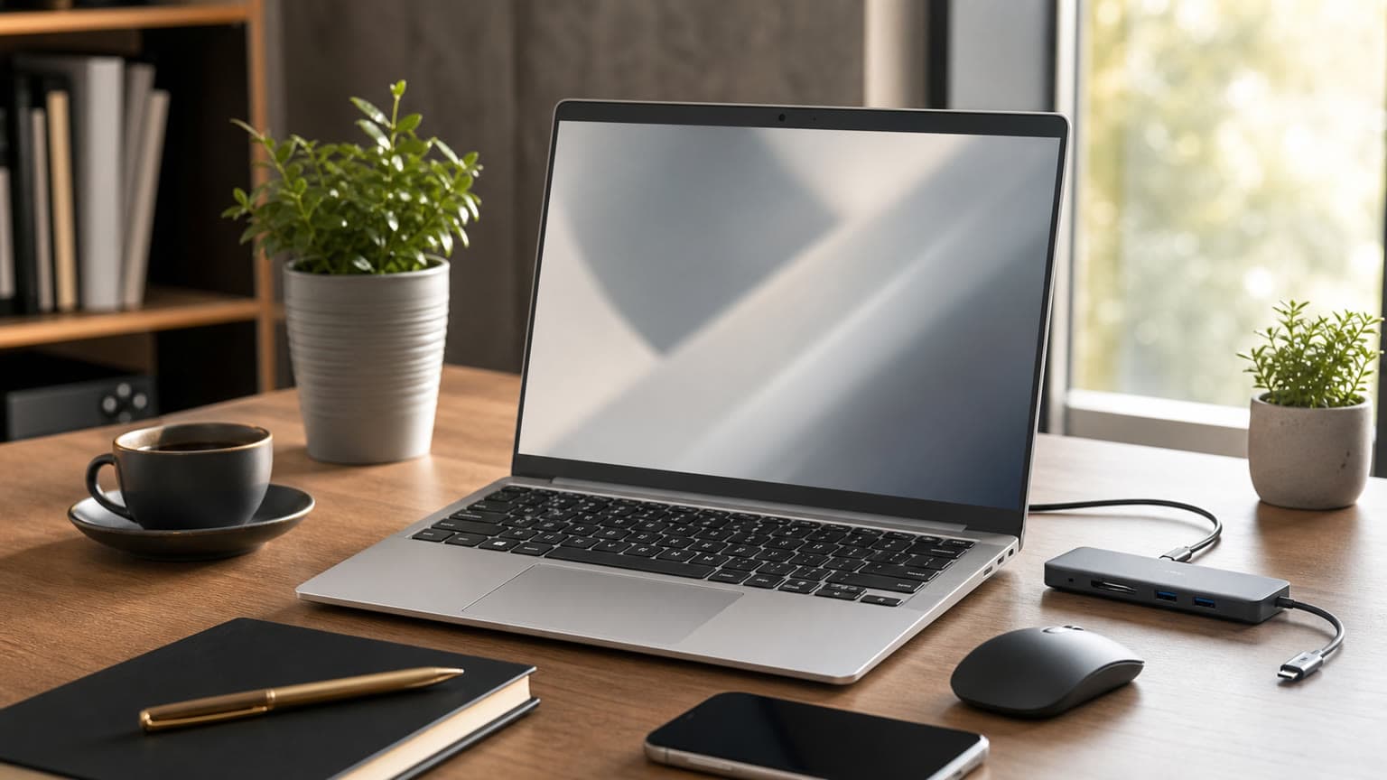 Dell 14 Premium styled on a clean professional desk with laptop accessories and warm daylight