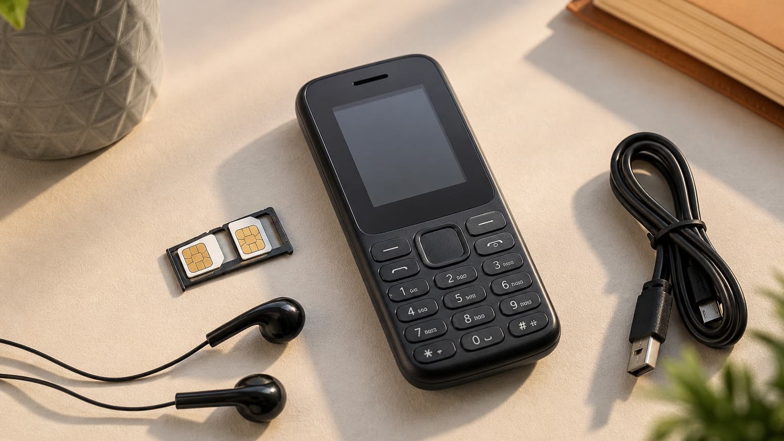 Compact black feature phone with SIM cards, earphones and microUSB cable on a desk