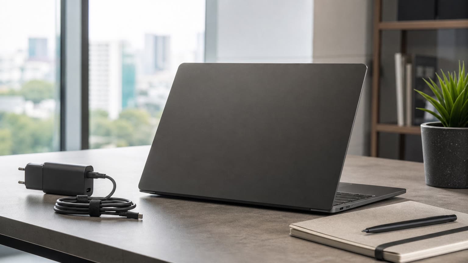 Premium Lenovo-style 14-inch business laptop on a clean desk with charger and notebook, no logos or text