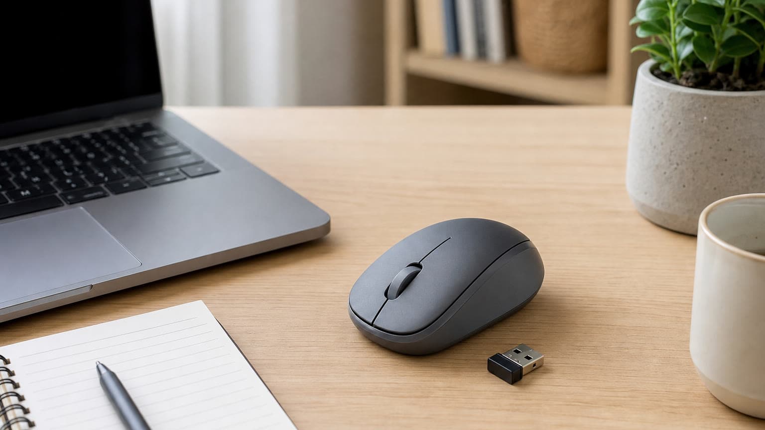 Compact grey wireless mouse on a desk beside a laptop and USB receiver