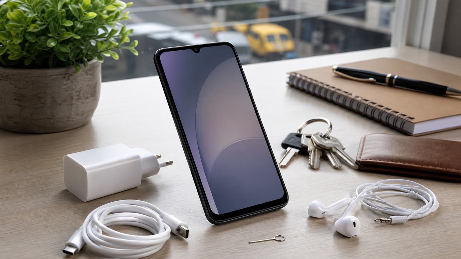 Samsung Galaxy A07 shown as a clean budget smartphone setup with charger and everyday accessories