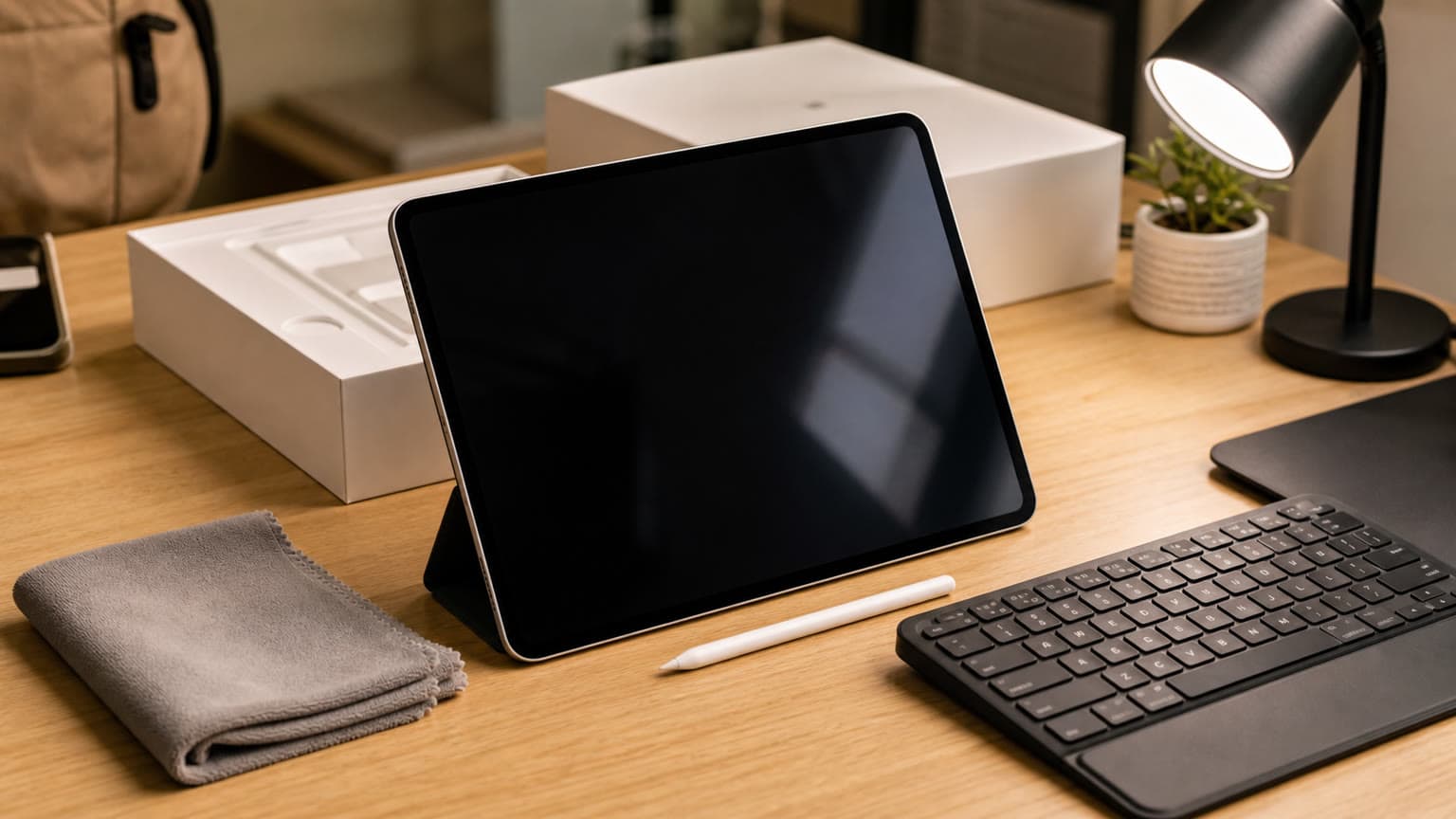 Premium 11-inch Apple-style tablet on a desk with stylus, keyboard and inspection lighting