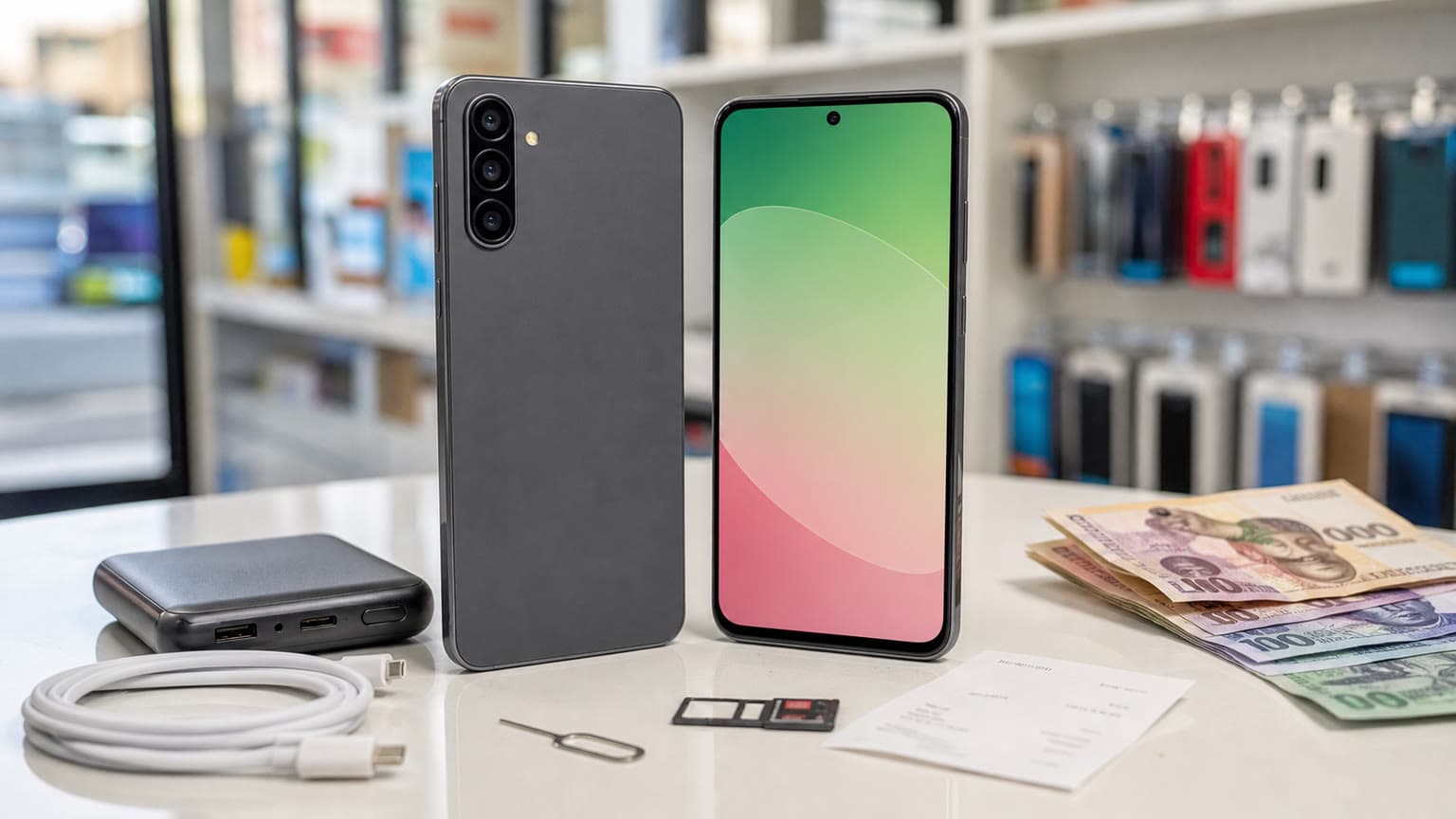 Samsung Galaxy A56 5G buying guide visual with phone-inspired shapes and Nigerian market context