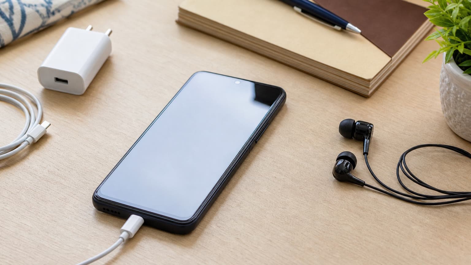 Infinix Smart 20 budget smartphone buyer guide scene with phone, charger cable and everyday desk items