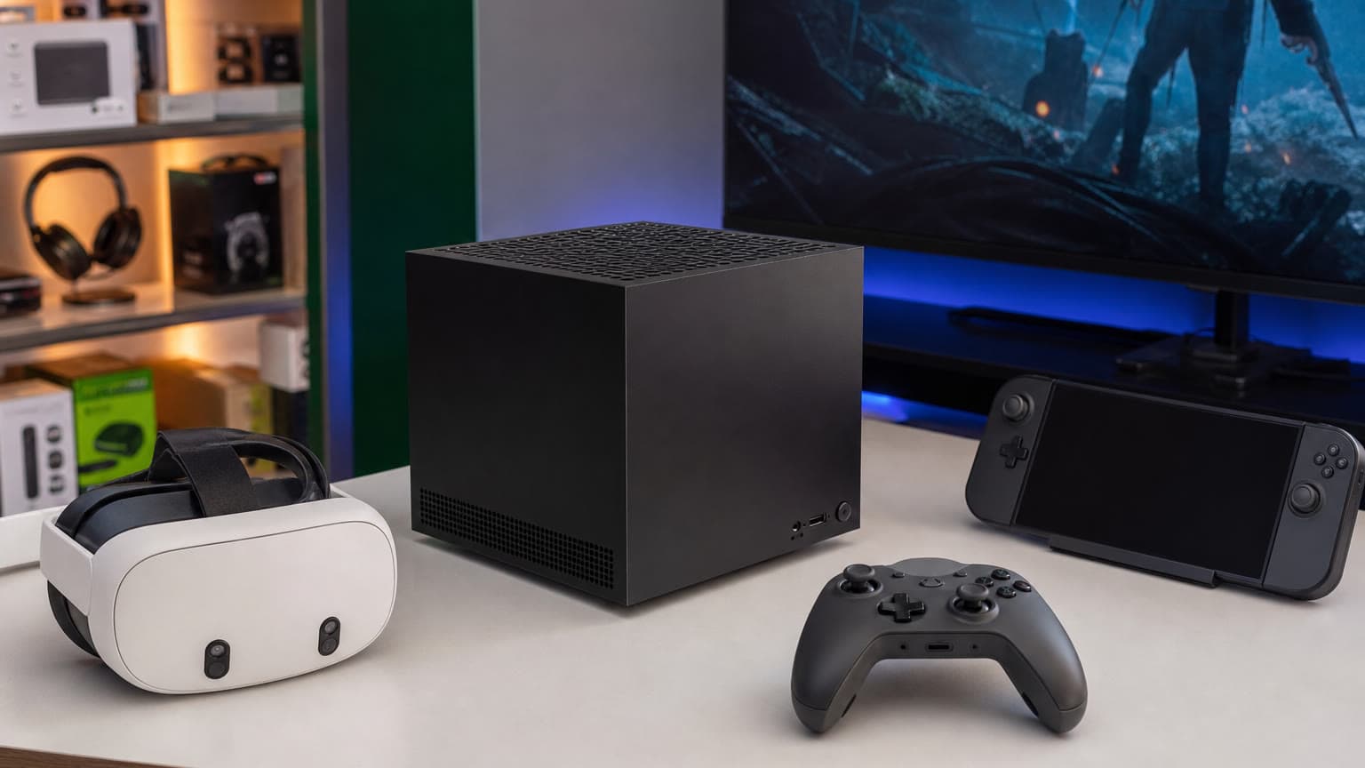 Compact gaming PC, VR headset and controller on a retail desk for Steam hardware buyer context