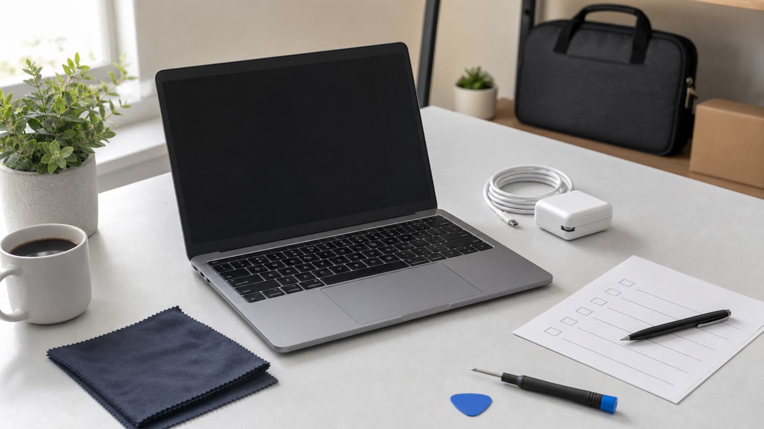 13-inch MacBook Pro M2 on a clean desk setup for used laptop inspection