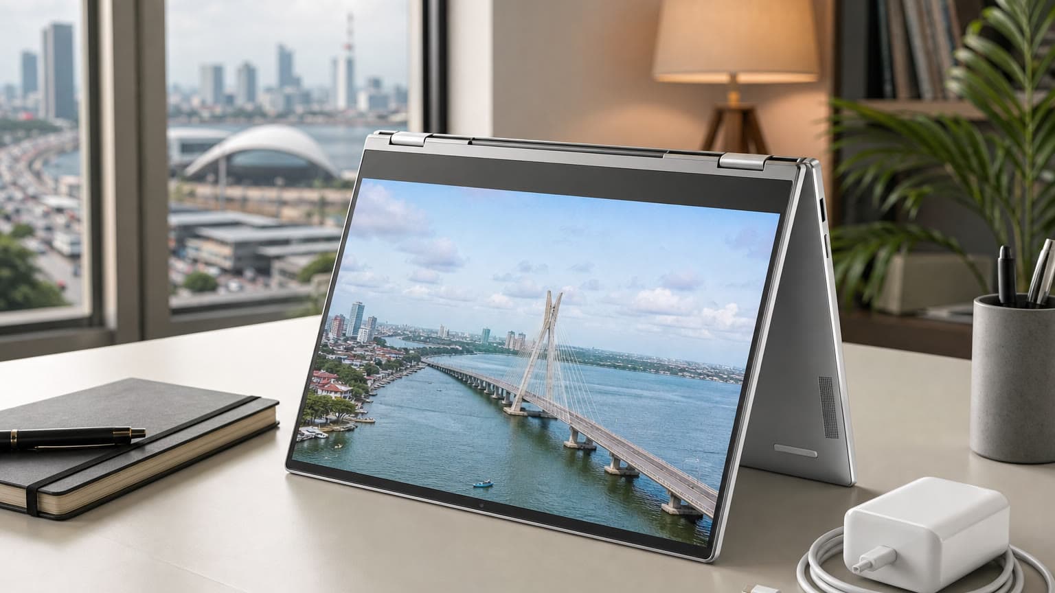 Silver 14-inch convertible laptop on a work desk for HP OmniBook 5 Flip buying guide
