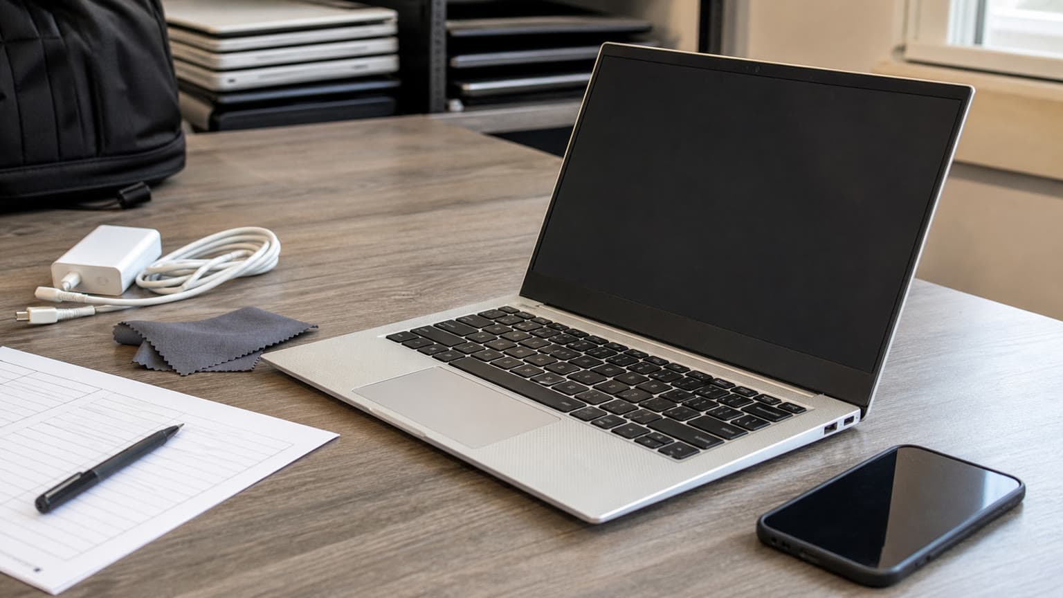 Dell XPS 13 9380 used ultrabook on a clean work desk with charger and inspection notes