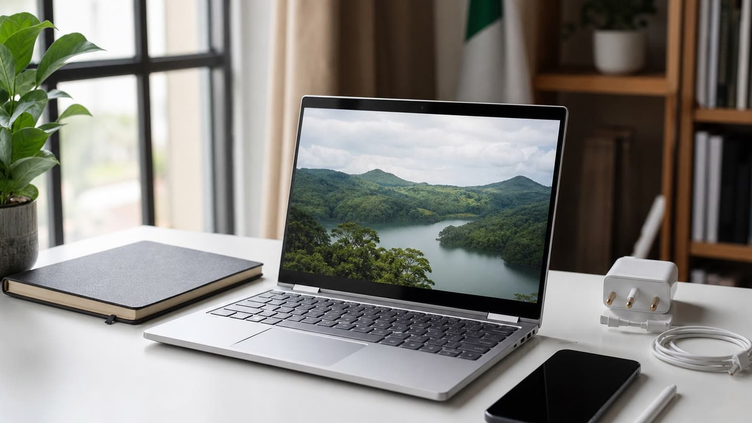 Compact silver 13-inch laptop on a Nigerian home-office desk with charger and work accessories