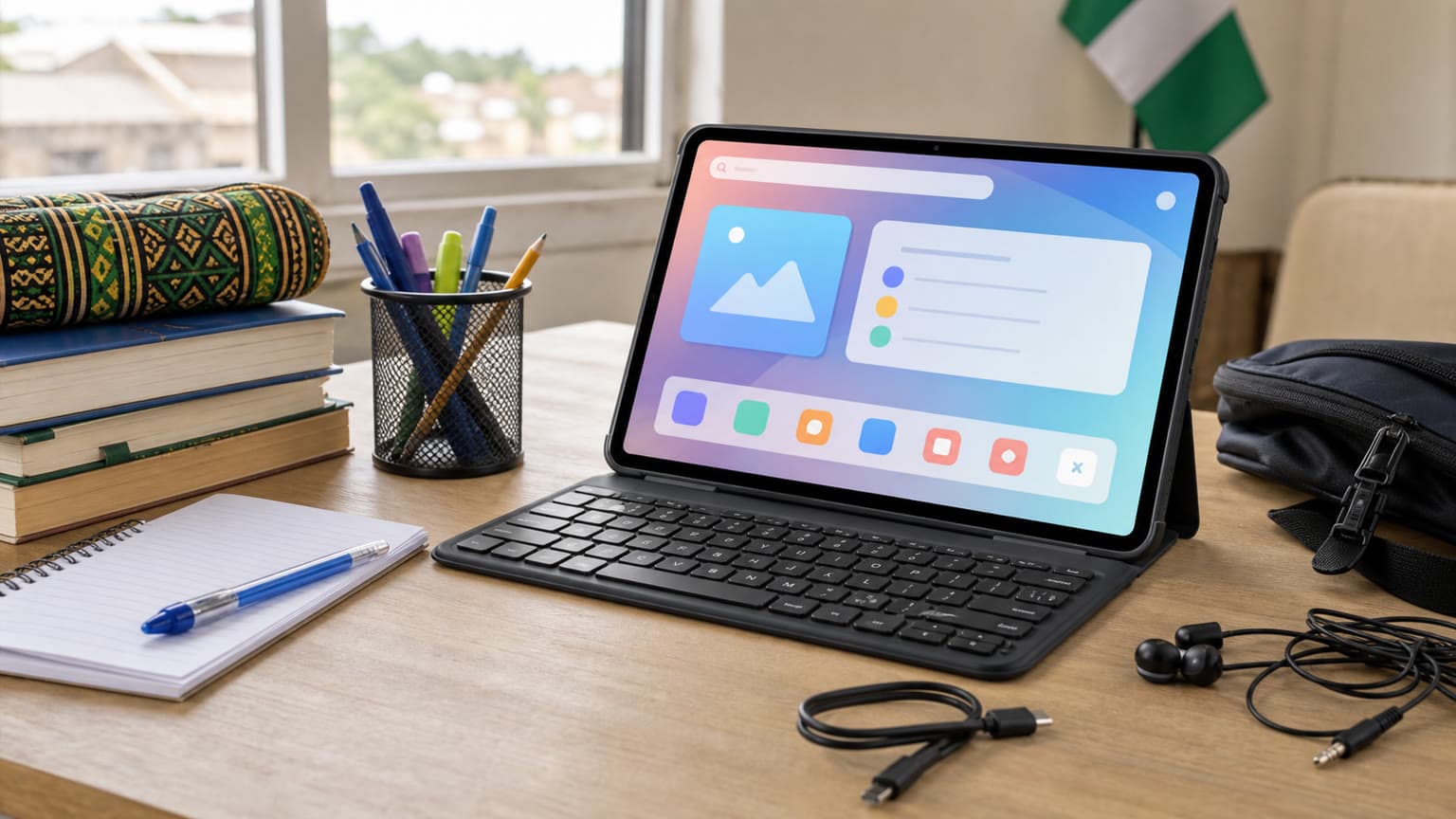 Itel VistaTab 30S-style tablet with keyboard on a clean student desk setup