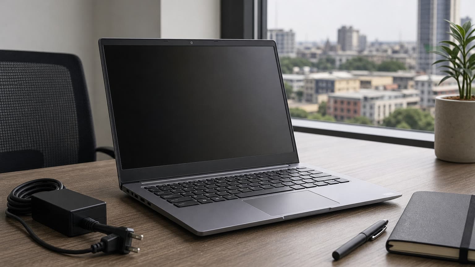 Titan Gray 14-inch business laptop on a work desk with charger for Dell Latitude 7430 buying guide